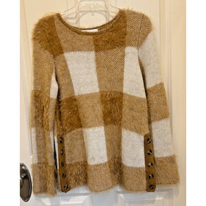 Fever Sweater Womens L Multicolor Patchwork Plaid Fuzzy Shaggy Pullover Stretch